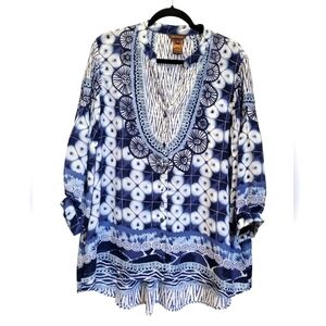 1X MULTIPLES Mixed Media Circles V Neck Button Down Balloon Sleeve Tunic